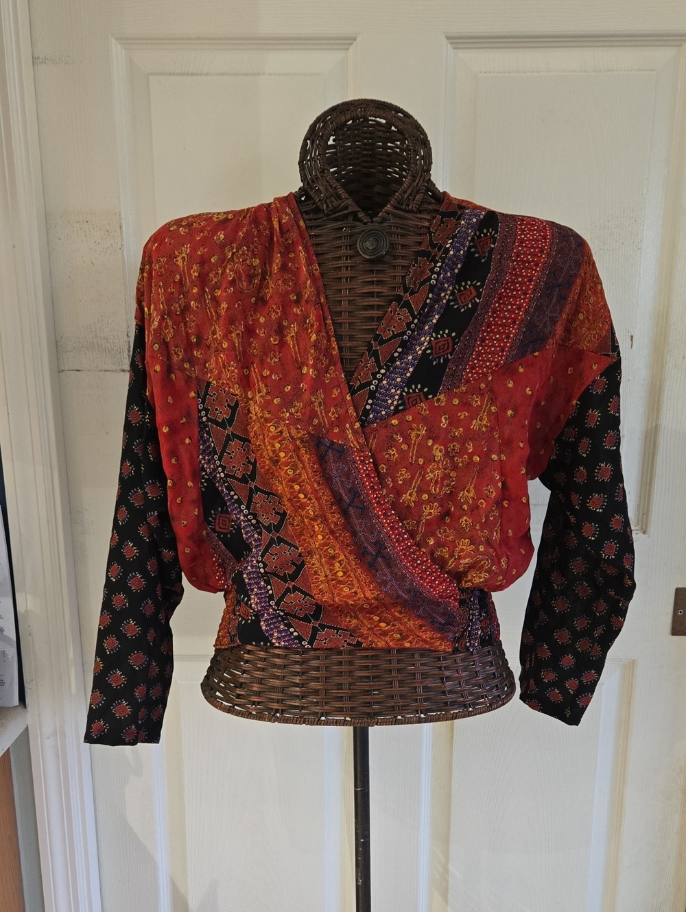 Carole Little Red & Black Patchwork Wrap-Front Blouse